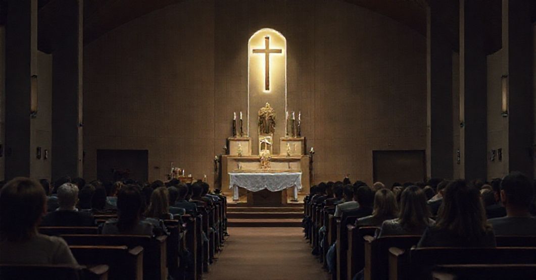 A nearly empty neo-church chapel with young adults seated in pews during a modernist Novus Ordo Mass, reflecting spiritual emptiness and doctrinal detachment.