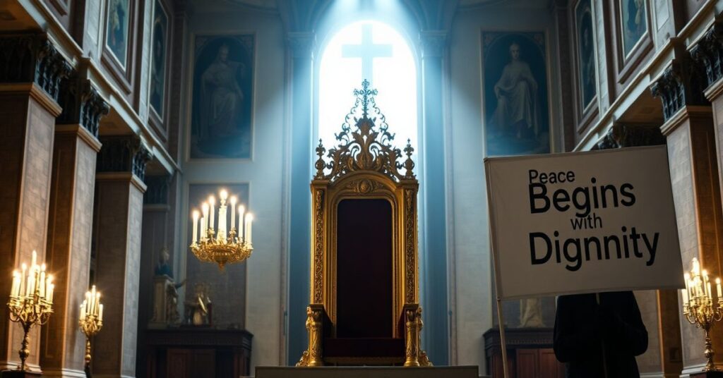 Empty throne in St. Peter's Basilica with modernist banner, symbolizing the absence of Christ the King's reign.