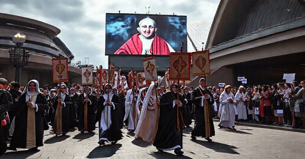 Catholic procession contrasting with interfaith gathering under Sydney Opera House, highlighting the naturalistic humanism of neo-Church.