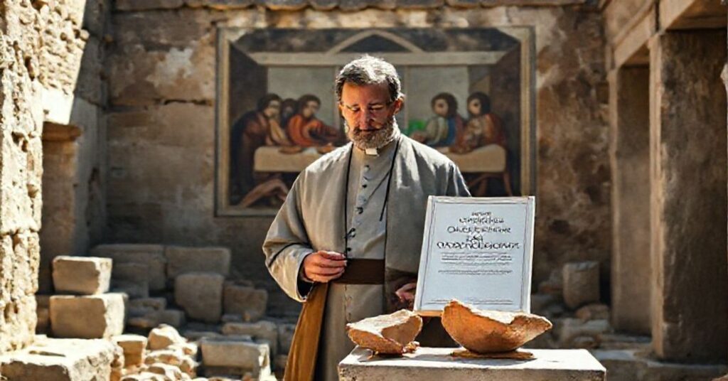 A Catholic archaeologist studies ancient artifacts in ruins, highlighting the Neo-Church's materialistic distortion of faith through archaeology.