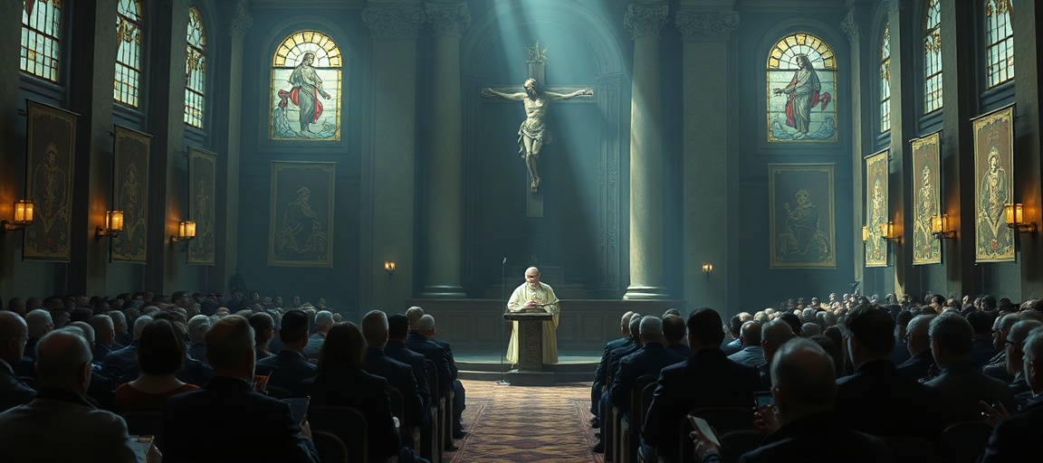 A solemn Vatican conference hall with Leo XIV addressing secular educators and officials, symbolizing the Neo-Church's abandonment of supernatural truth for naturalistic humanism.
