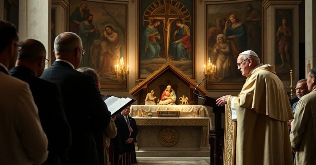 Antipope Robert Prevost (Leo XIV) delivering a modernist Nativity homily in a Vatican chapel, contrasting traditional Catholic symbolism with humanistic messaging.