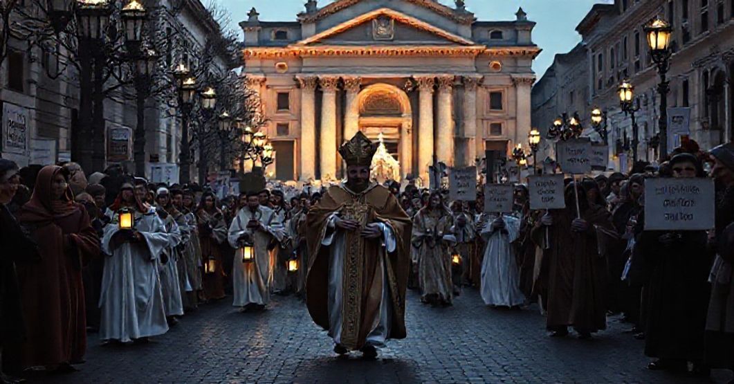 A solemn depiction of a neo-church Living Nativity procession led by antipope Leo XIV in Rome 2025, highlighting the naturalistic sentimentality replacing authentic Catholic faith.