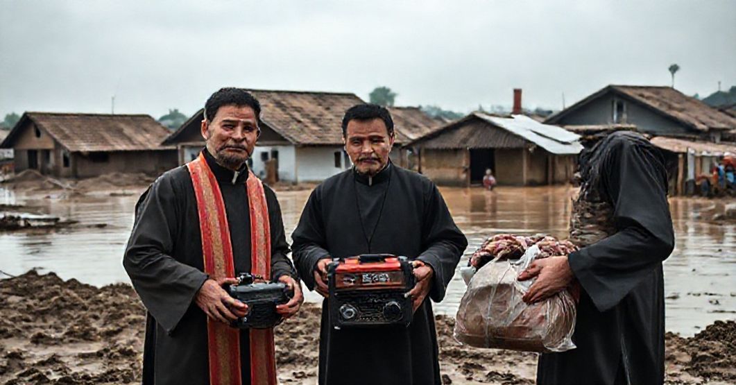 A realistic depiction of conciliar "charity" workers aiding flood victims in Vietnam without sacramental focus.