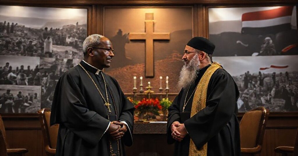 Traditional Catholic scene depicting "Father" Atta Barkindo and "Father" Karam Shamasha discussing persecution in Nigeria and Iraq at the Saint John Paul II National Shrine.