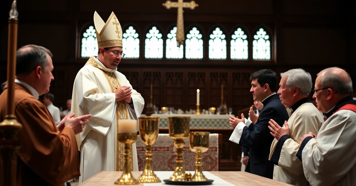 A traditional Catholic ordination scene in East Lansing, Michigan, highlighting the spiritual void in neo-Church rituals.
