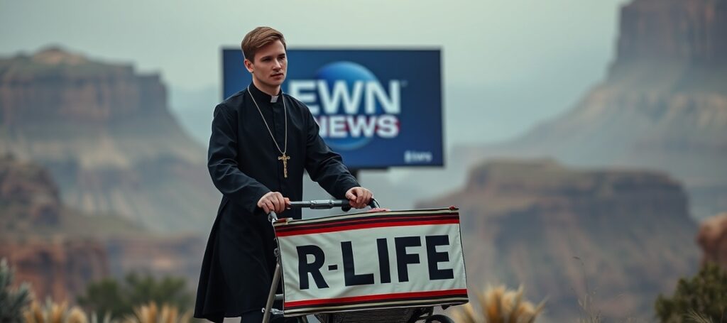 A young man pushing a heavy stroller in an American landscape under Catholic symbolism, representing neo-church 'pro-life' activism devoid of true faith.