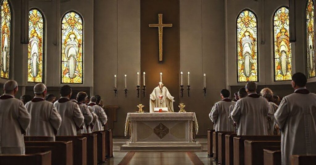 A somber Requiem Mass scene in a modernist church setting, with "Pope Leo XIV" presiding over a sacrilegious ceremony honoring deceased apostate prelates.