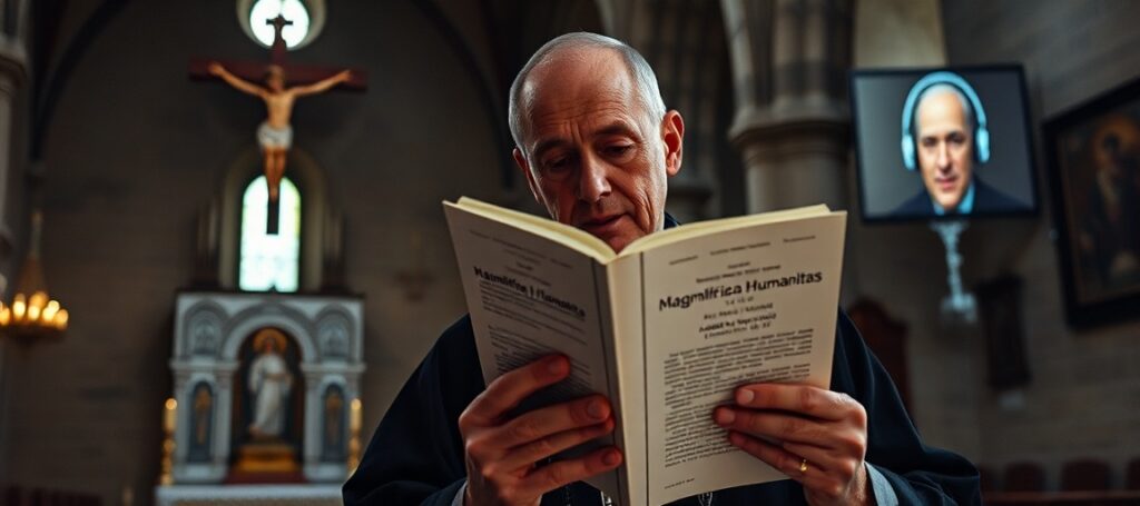 A traditional Catholic priest in a church holding a heretical encyclical 'Magnifica Humanitas' by antipope Leo XIV, symbolizing the neo-church's technocratic apostasy.