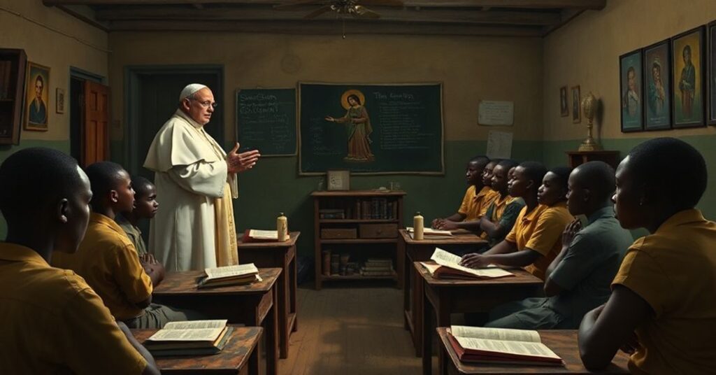 Depiction of African youth being misled by Vatican II modernist education in a classroom setting.