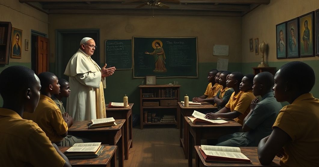 Depiction of African youth being misled by Vatican II modernist education in a classroom setting.