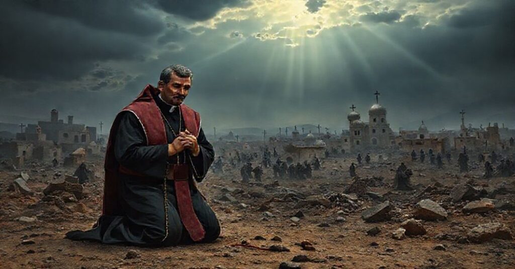 Priest in prayer amidst war-torn Middle East battlefield with antipope Leo XIV in background, symbolizing the abdication of Christ's Social Kingship.