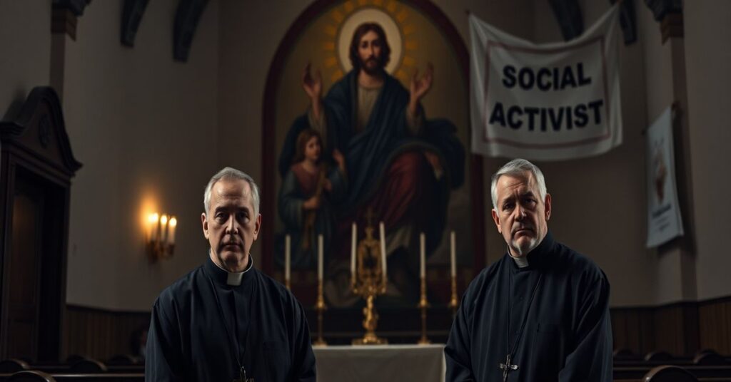 Sedevacantist priests in a dimly lit chapel reflecting on the betrayal of the supernatural order by neo-monastic social gospel activism.