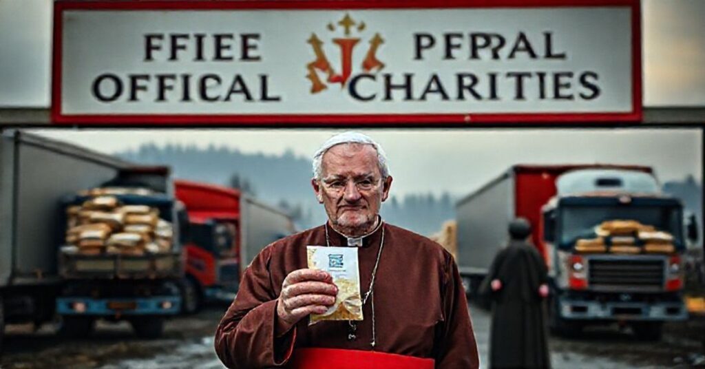 A somber depiction of the neo-Vatican's materialistic aid to Ukraine, contrasting with genuine Catholic charity and highlighting doctrinal betrayal.