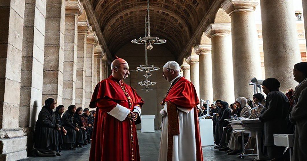 Neo-Vatican's Clinic Under St. Peter's Colonnade - A Modernist Abandonment of Faith Cardinal Krajewski and Leo XIV inspecting a modern medical clinic under Bernini's colonnade in St. Peter's Square, symbolizing the Neo-Vatican's abandonment of spiritual priorities for worldly charity.