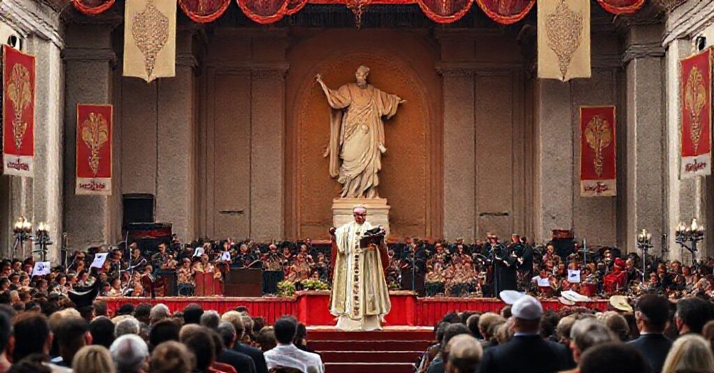 A somber depiction of the 'Concert with the Poor' hosted by antipope Leo XIV in St. Peter's Square, featuring entertainers and modernist clergy while neglecting Christ's kingship.