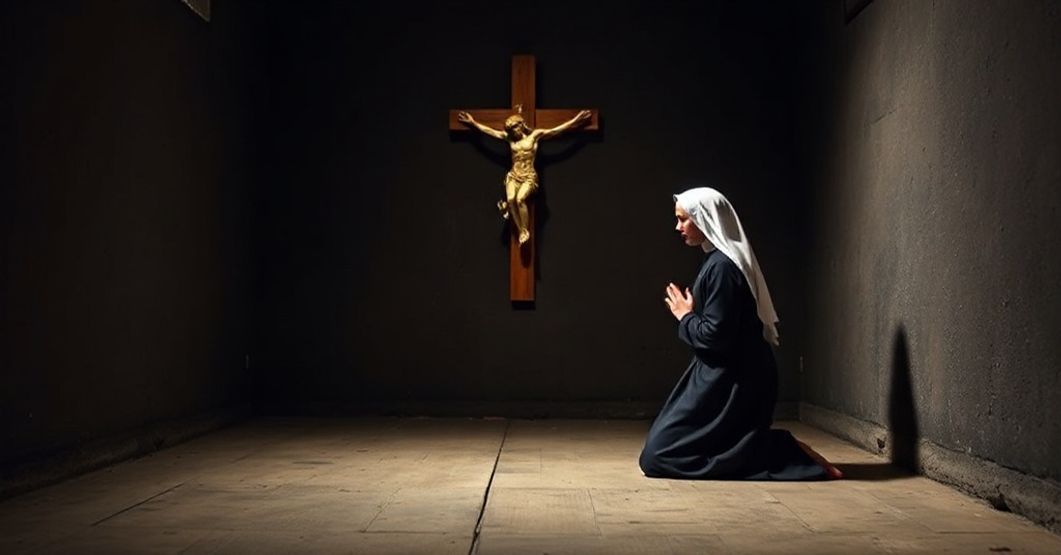 The Illusion of Contemplation: Neo-Carmelite Facade in Post-Christian Sweden A traditional Carmelite nun in solemn prayer in a dimly lit monastic cell, symbolizing the erosion of authentic monastic life in modern Sweden.