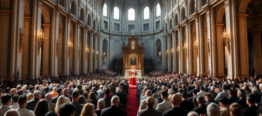 Almudena Cathedral in Madrid during the Neocatechumenal Way's 60th anniversary celebration with Kiko Argüello, Cardinal Pietro Parolin, and Cardinal Kevin Farrell.