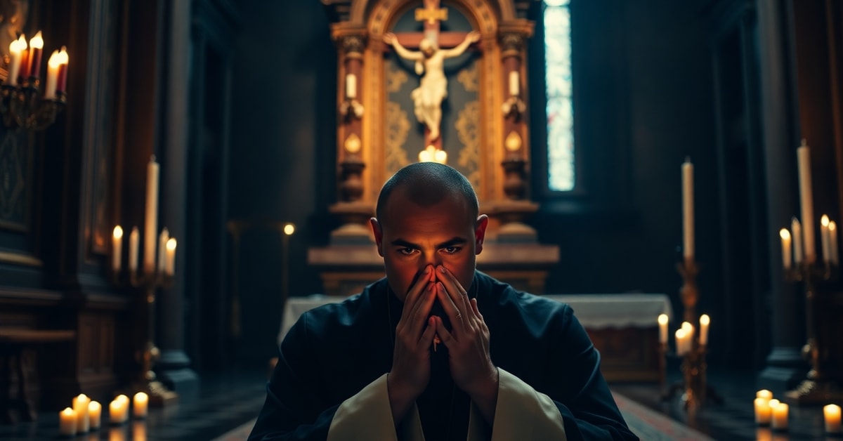 The Neo-Church's Holiness Without the Cross A Catholic priest in traditional cassock kneeling in prayer in a Baroque chapel with a crucifix in the background.