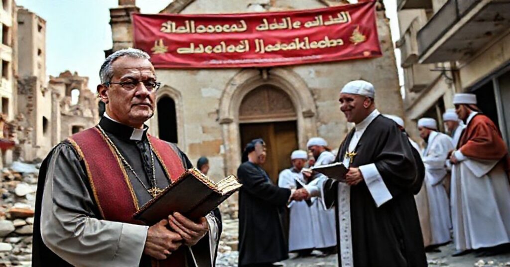 A concerned Catholic priest stands before a ruined Lebanese church as a Vatican II false pope shakes hands with Muslim clerics in an ecumenical gathering.