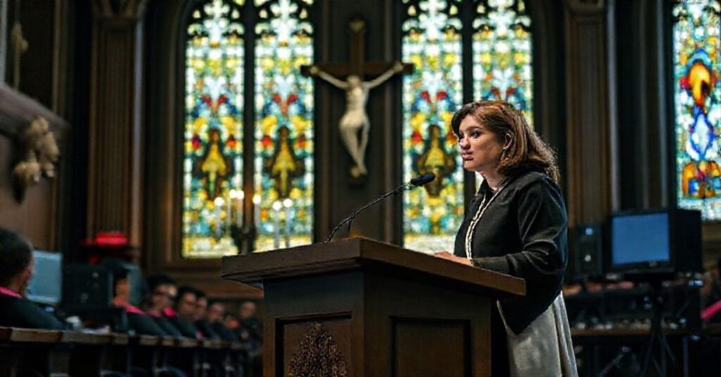 A Catholic academic setting with Ana Lazcano speaking at a podium, juxtaposed with traditional Catholic imagery and modern AI technology.