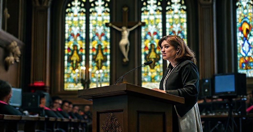 A Catholic academic setting with Ana Lazcano speaking at a podium, juxtaposed with traditional Catholic imagery and modern AI technology.