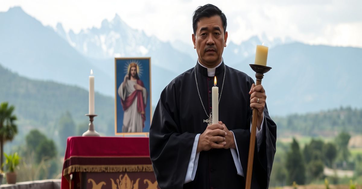 A solemn Catholic figure in traditional attire stands before an altar with an image of Christ the King, set against the backdrop of Nepal's Himalayan mountains.