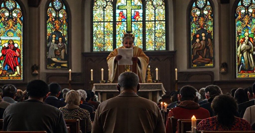 A somber Catholic church interior depicting migrants seeking spiritual solace while an illegitimate prelate grants dispensation from Sunday Mass.