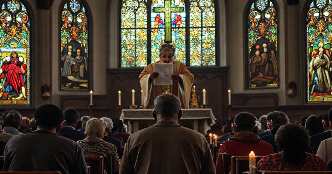 A somber Catholic church interior depicting migrants seeking spiritual solace while an illegitimate prelate grants dispensation from Sunday Mass.