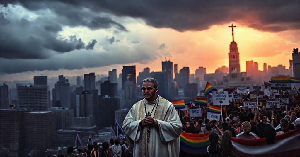 A solemn priest in traditional garb stands sorrowfully in front of a modern cityscape with dark storm clouds and distant crucifix.