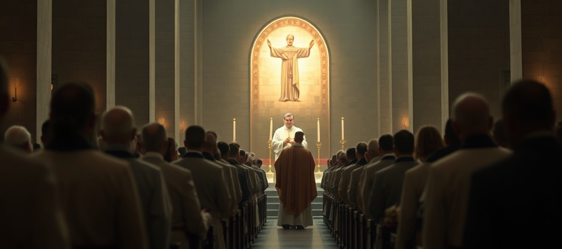 A somber depiction of modernist cathedral in Newark with false sacraments being administered, contrasting with traditional Catholic sacraments in the background.