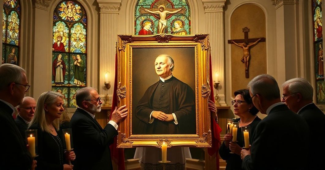 A traditional Catholic chapel with faithful in prayer before a portrait of John Henry Newman, symbolizing the conciliar sect's erroneous declaration of him as a Doctor of the Church.