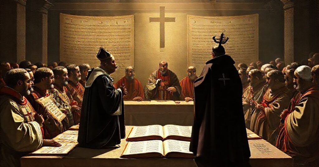A reverent depiction of the Council of Nicaea with Pope Sylvester I's legates presiding, contrasting true Catholic orthodoxy with modernist distortions.