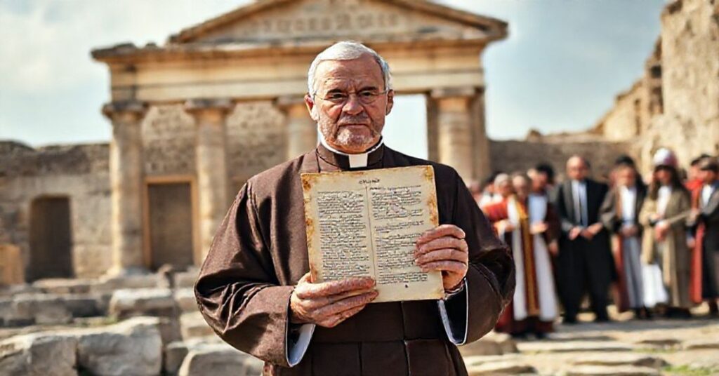 A traditional Catholic priest stands before Nicaea's ruins holding the Nicene Creed, contrasting with a modernist figure promoting ecumenical compromise