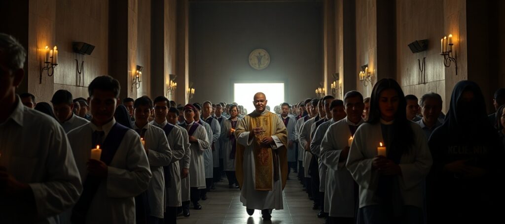 A solemn Catholic procession in Nicaragua under government surveillance, depicting faithful Catholics walking through a dimly lit church while spies observe from the shadows.