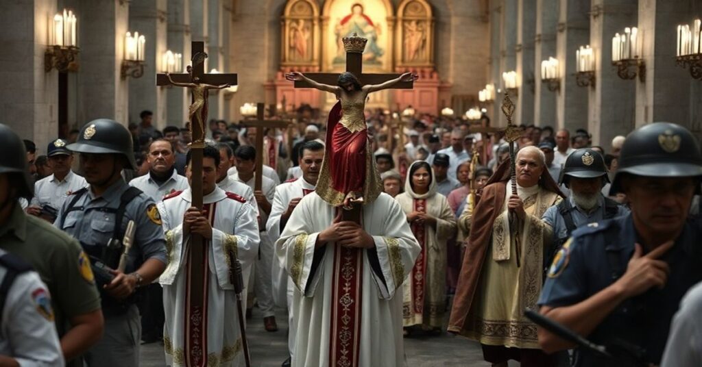A traditional Holy Week procession in Nicaragua during 2026, led by Catholic clergy under police surveillance.