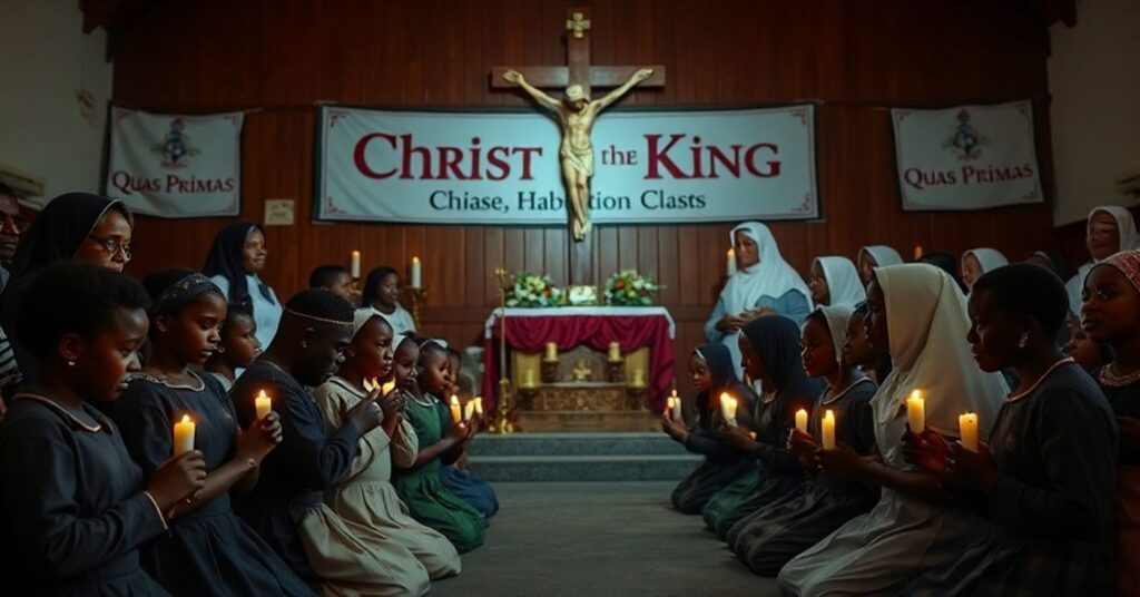 A group of Nigerian schoolchildren and OLA Sisters kneeling in prayer before a crucifix in a dimly lit church, symbolizing faith and spiritual resistance during the abduction crisis.