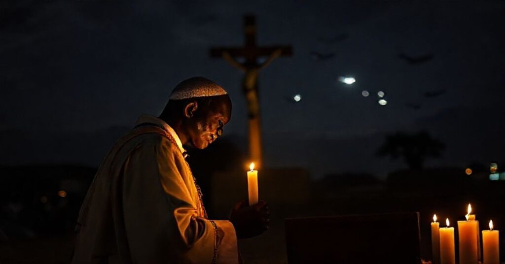 A Nigerian Catholic priest in traditional vestments kneels in prayer before a crucifix as distant airstrikes illuminate the night sky over Sokoto.
