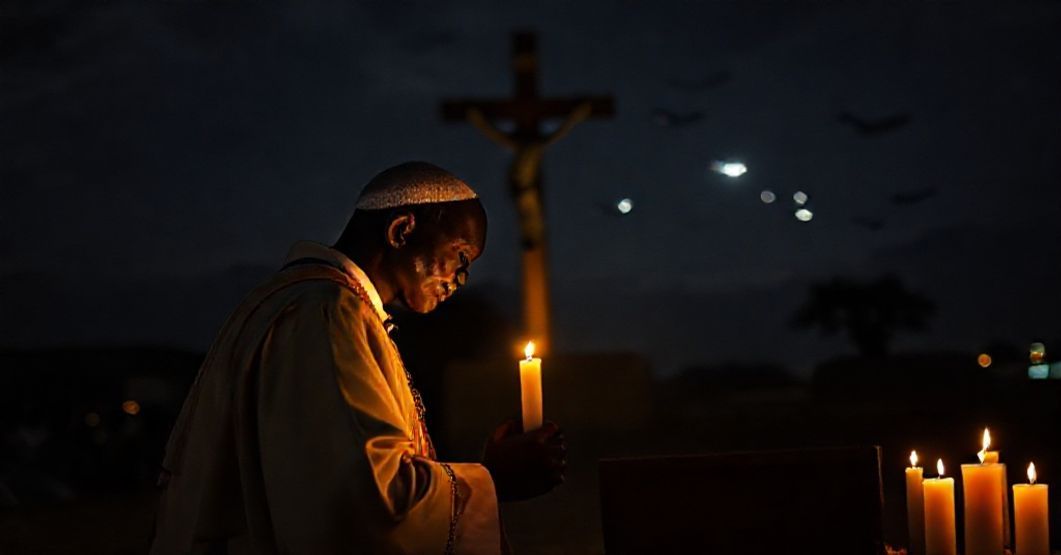 A Nigerian Catholic priest in traditional vestments kneels in prayer before a crucifix as distant airstrikes illuminate the night sky over Sokoto.