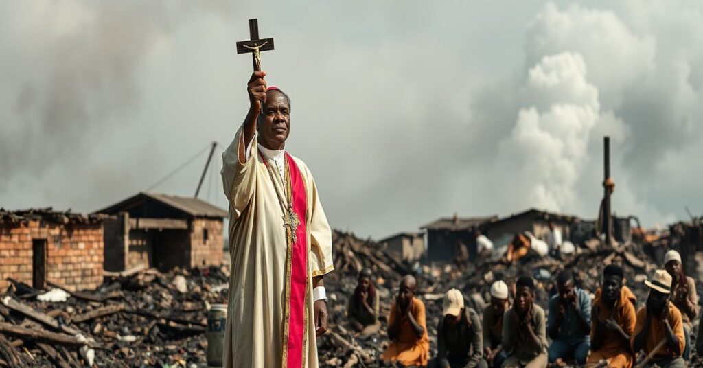 Solemn Catholic priest in traditional vestments stands in the ruins of a burned Nigerian village, holding a crucifix aloft as villagers kneel in prayer.