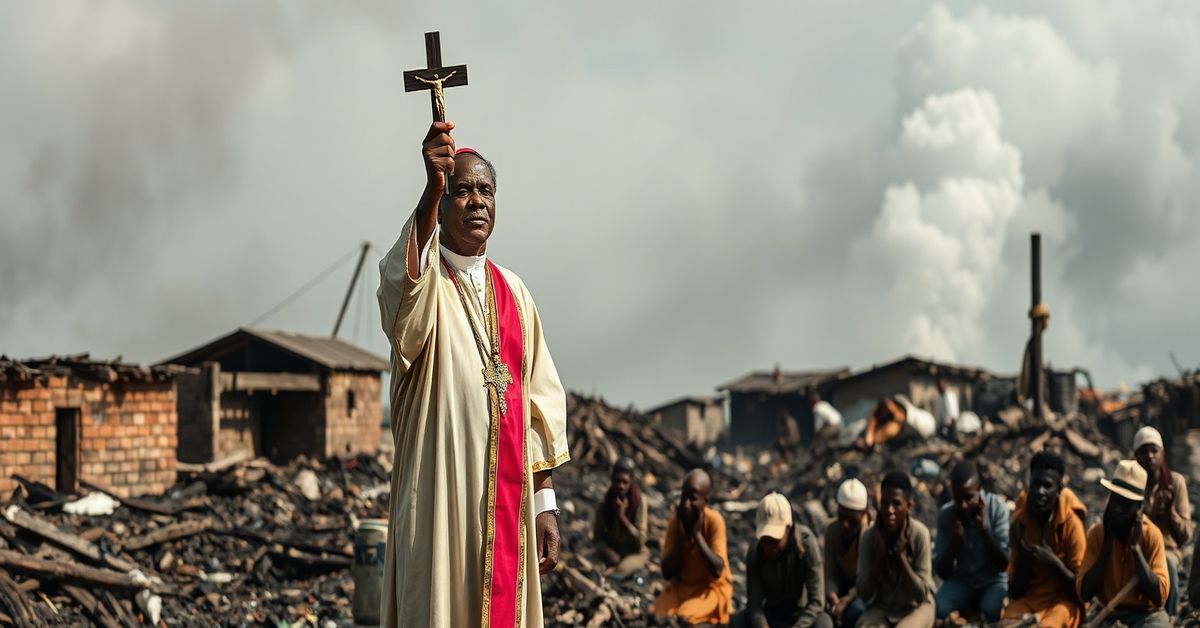Solemn Catholic priest in traditional vestments stands in the ruins of a burned Nigerian village, holding a crucifix aloft as villagers kneel in prayer.