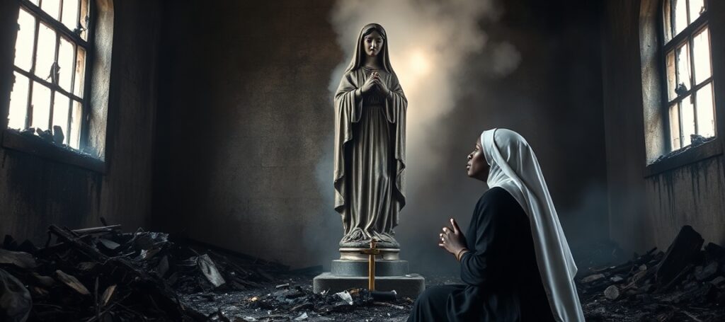 A Marian statue miraculously untouched in a burned Nigerian hospital, with Sister Maria Igwe praying before it.