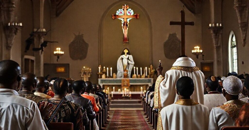 A devout Traditional Latin Mass in Nigeria with armed militants outside reflecting spiritual resistance against persecution.