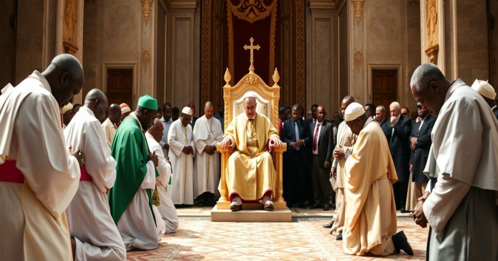 Nigerian bishops kneeling before an antipope in the Vatican, symbolizing apostasy amidst persecution.