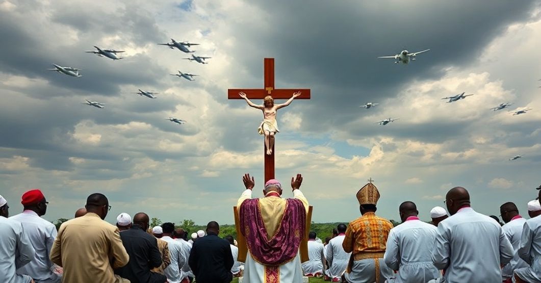 Nigerian Catholics kneeling in prayer before a crucifix, contrasting with distant U.S. airstrikes on ISIS targets. The scene highlights the spiritual versus secular approach to protecting Christians.