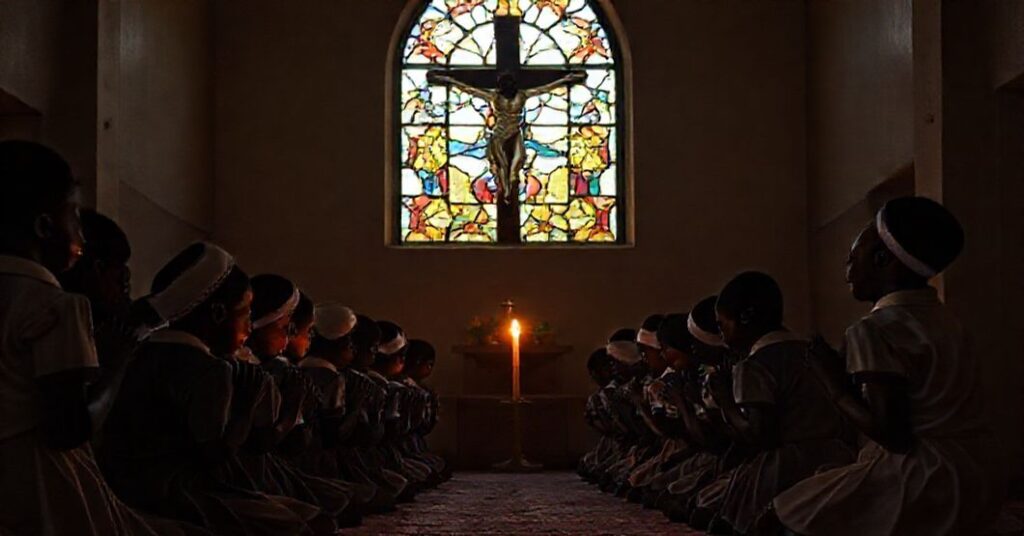 Nigerian Catholic children praying in a chapel after being abducted from St. Mary's School, symbolizing faith amidst persecution.