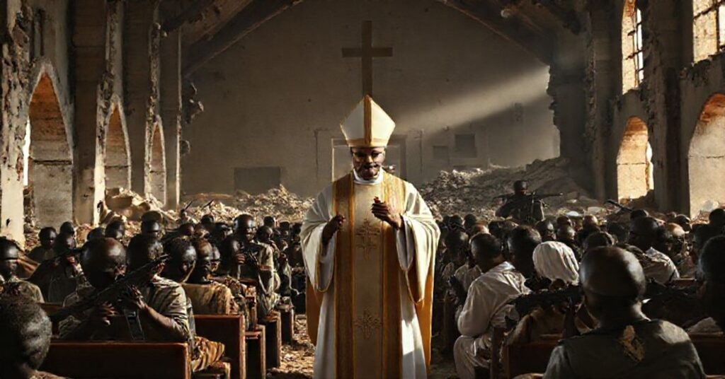 Nigerian Christians enduring persecution in a ruined church, with a sedevacantist Catholic priest leading prayers and martyrs symbolizing supernatural martyrdom.