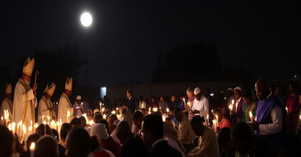 A reverent Catholic Easter Vigil in Nigeria with bishops and congregation in solemn prayer during the sacred liturgy.