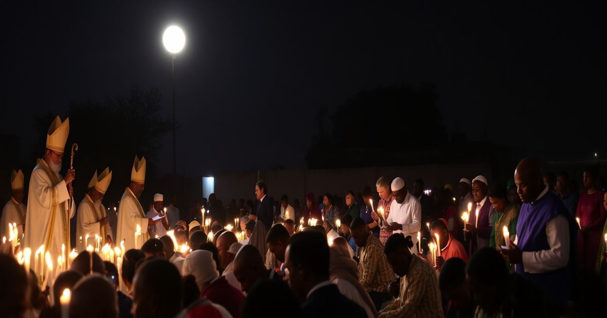 A reverent Catholic Easter Vigil in Nigeria with bishops and congregation in solemn prayer during the sacred liturgy.