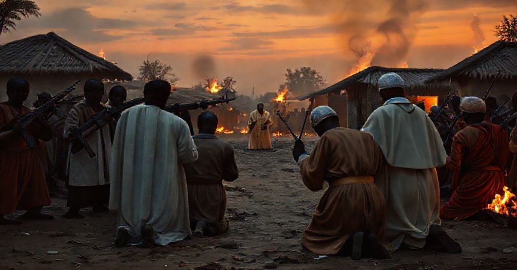 A solemn depiction of Nigerian Christian martyrs in prayer before armed attackers, symbolizing their faithfulness to Christ amid persecution.